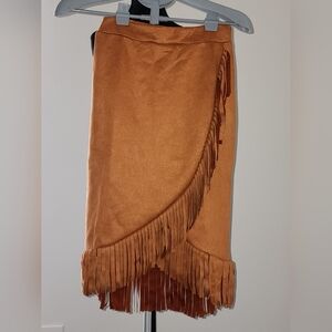 Suede Fringe Wrap Skirt in Cognac